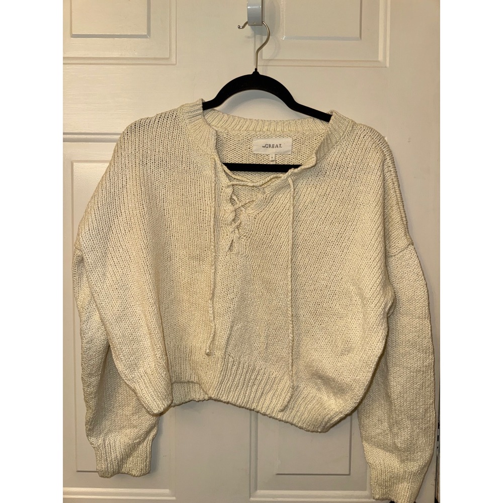 The Great Cream Cotton Lace Up Chunky Knit Cropped Sweater Size 0 XS S